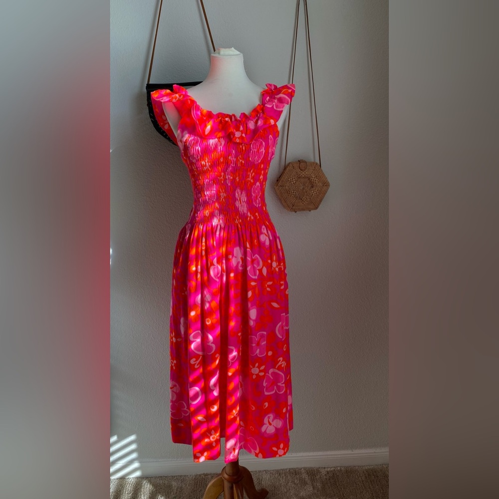 Vintage 60s Liberty House Kiyomi Hawaiian Floral Shift Dress Ruffle Hem, Size 10